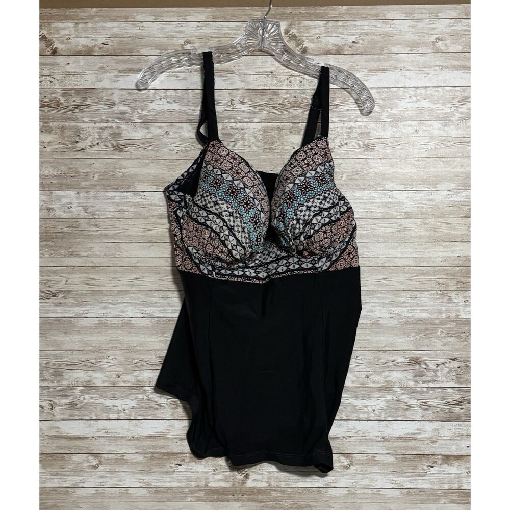 Swim by Cacique Lane Bryant Underwire Tankini Top Black Geometric Print Sz 40DDD